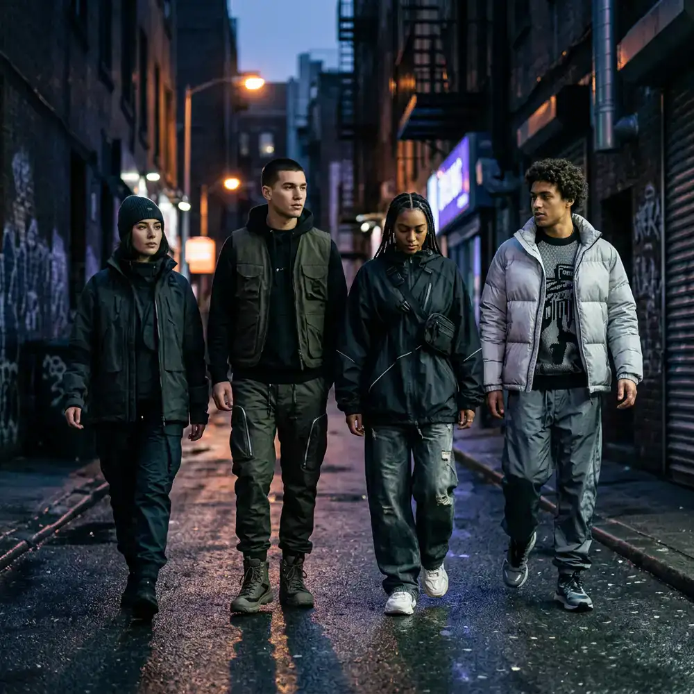 Urban Flux streetwear models in an urban setting