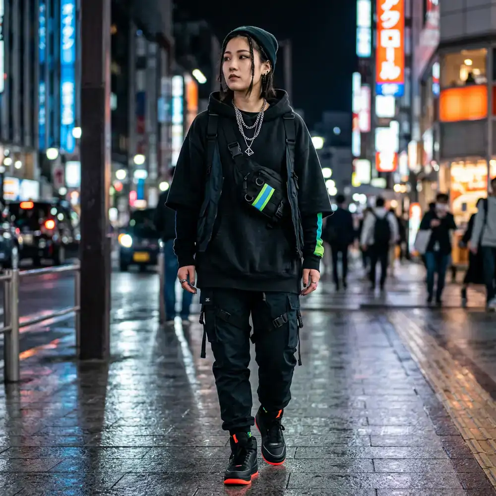 Street fashion outfit highlighting dark hoodie and accessories