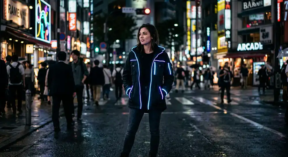 Neon accented jacket worn in an urban night environment
