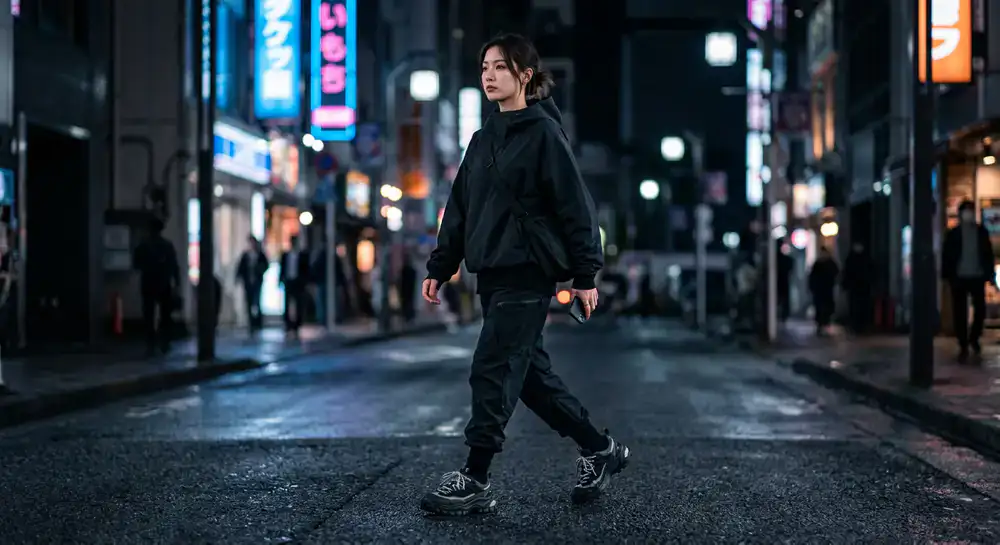 Minimalist dark streetwear styling with chunky sneakers
