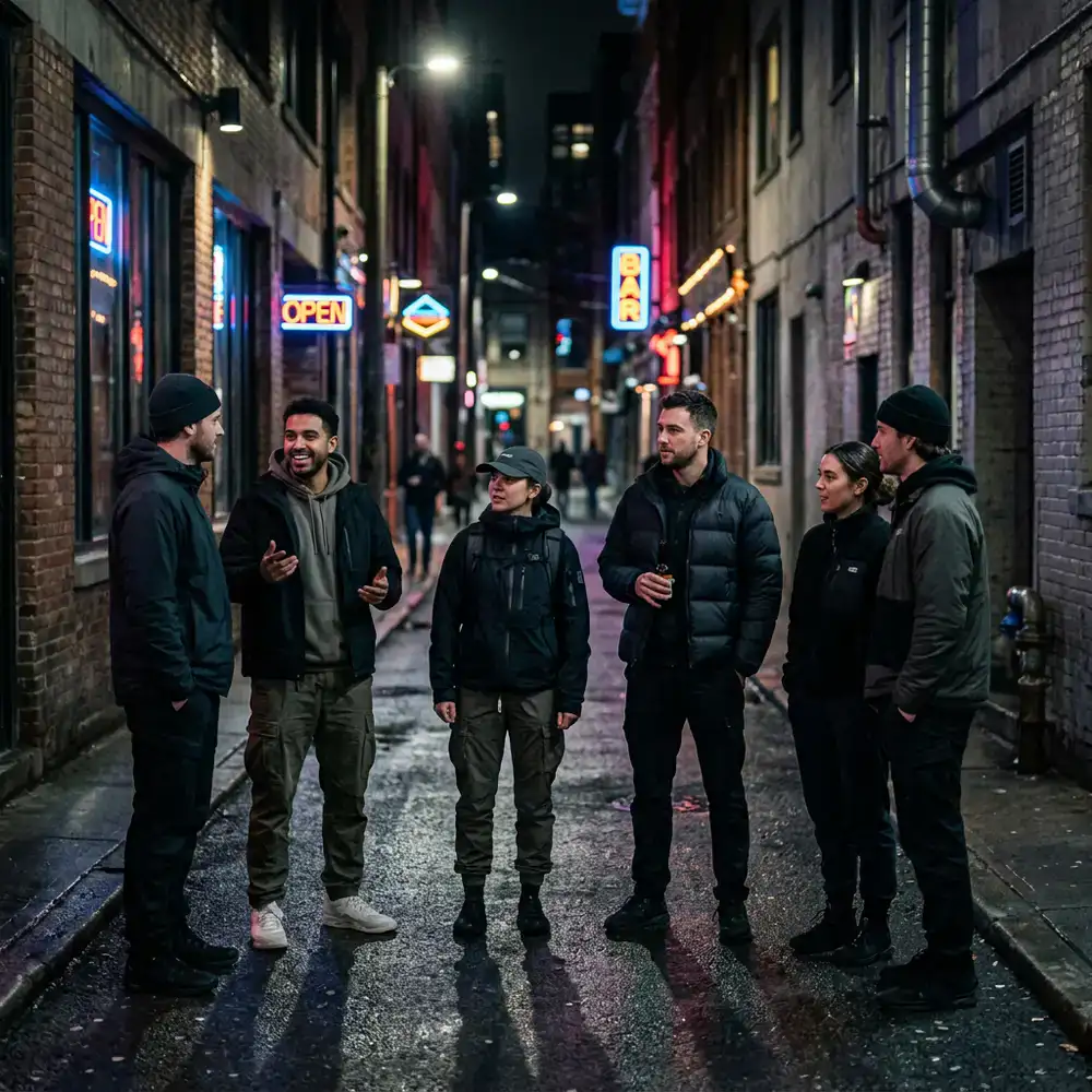 Nightshift Syndicate collection preview in an urban setting