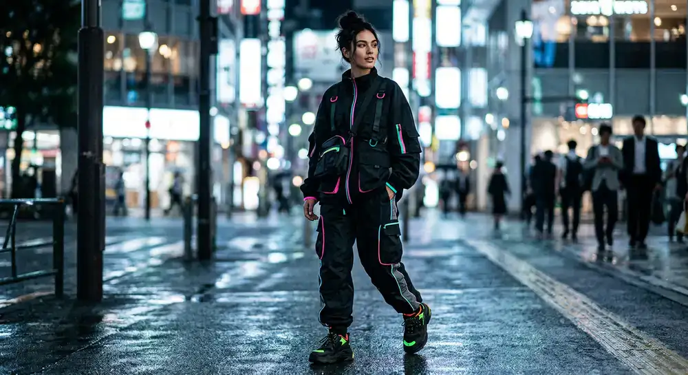Model showcasing high-contrast dark streetwear with neon highlights against a city backdrop