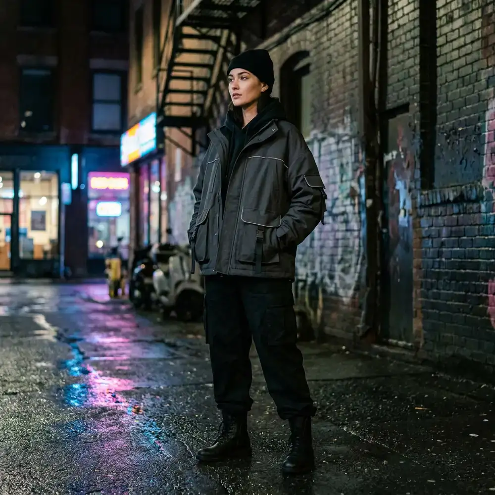 Model wearing the latest Urban Flux oversized jacket in a gritty urban setting