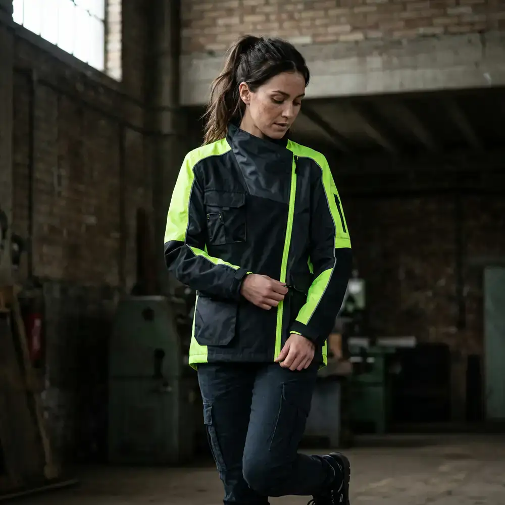 Model wearing the latest neon-accented Urban Flux jacket