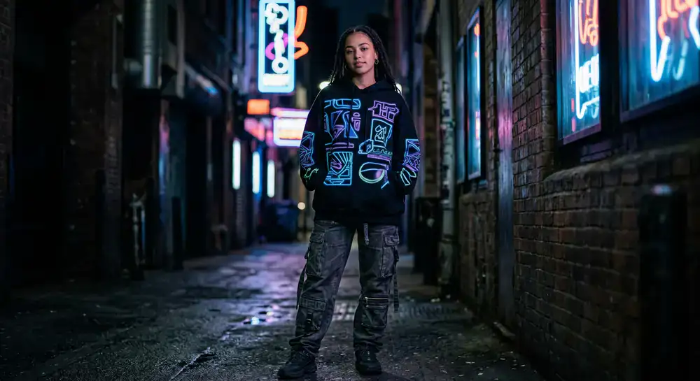 Person wearing an oversized graphic hoodie and cargo utility pants