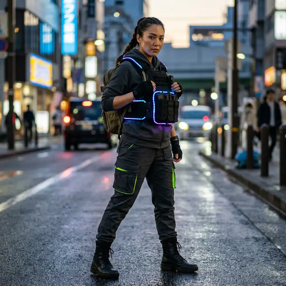 Person showcasing a neon accented tactical vest and dark cargo trousers