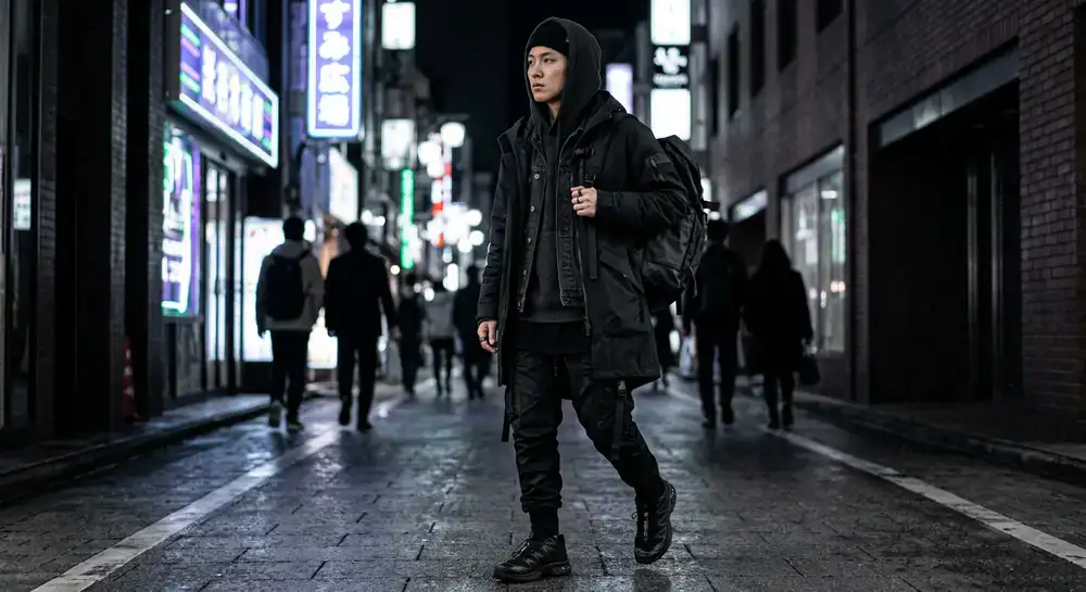 Monochrome streetwear layering with subtle fabric textures