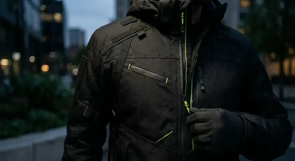 Close up of a technical black jacket with functional detailing