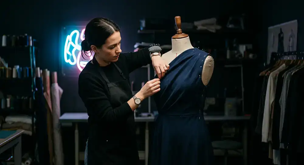 Designer pinning fabric on a dress form in a dimly lit studio