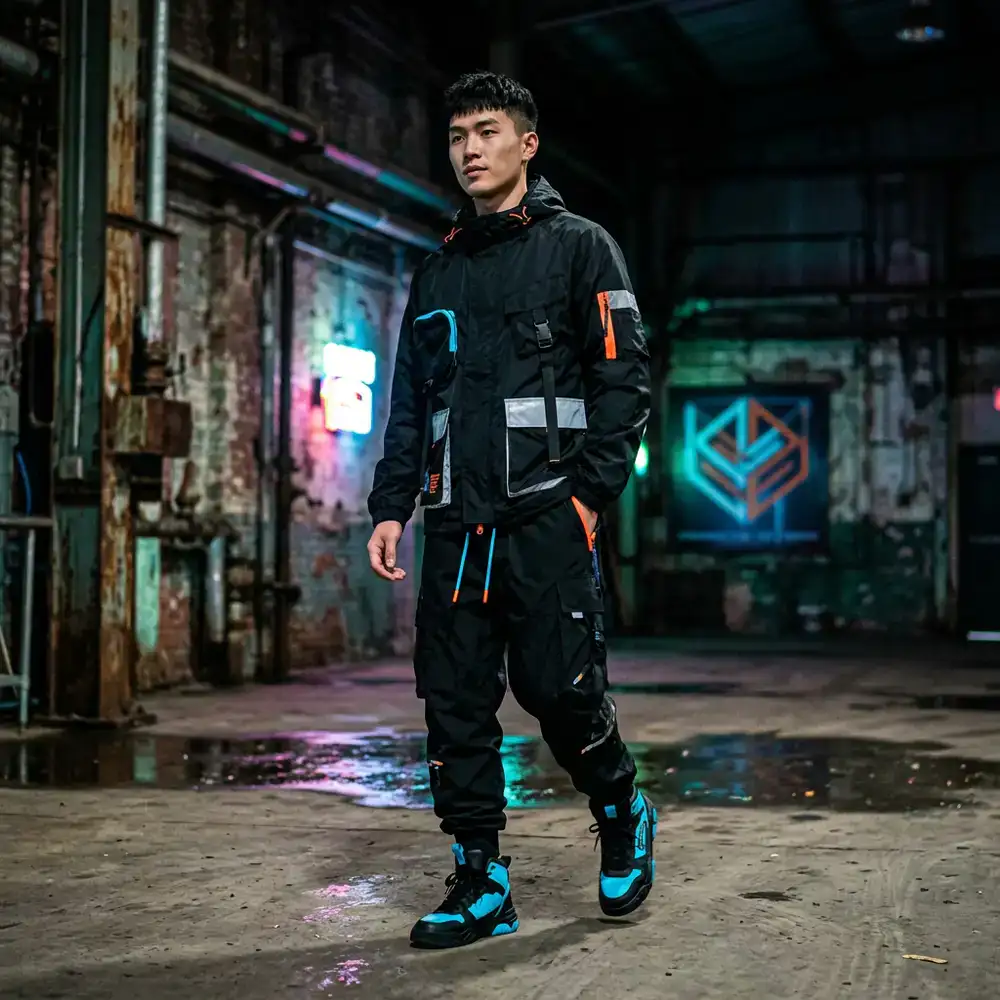 Model wearing high-contrast Urban Flux streetwear in an industrial setting